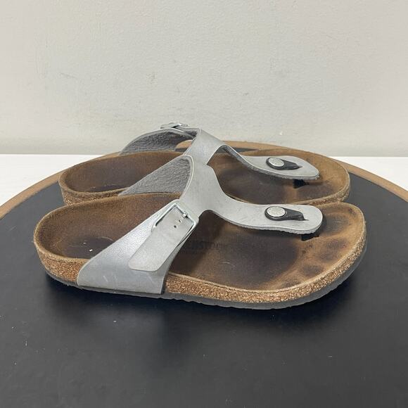 Birkenstock Girls Gizeh Sz 34 US 3-3.5 Silver Birko-Flor Black Leather Sandals